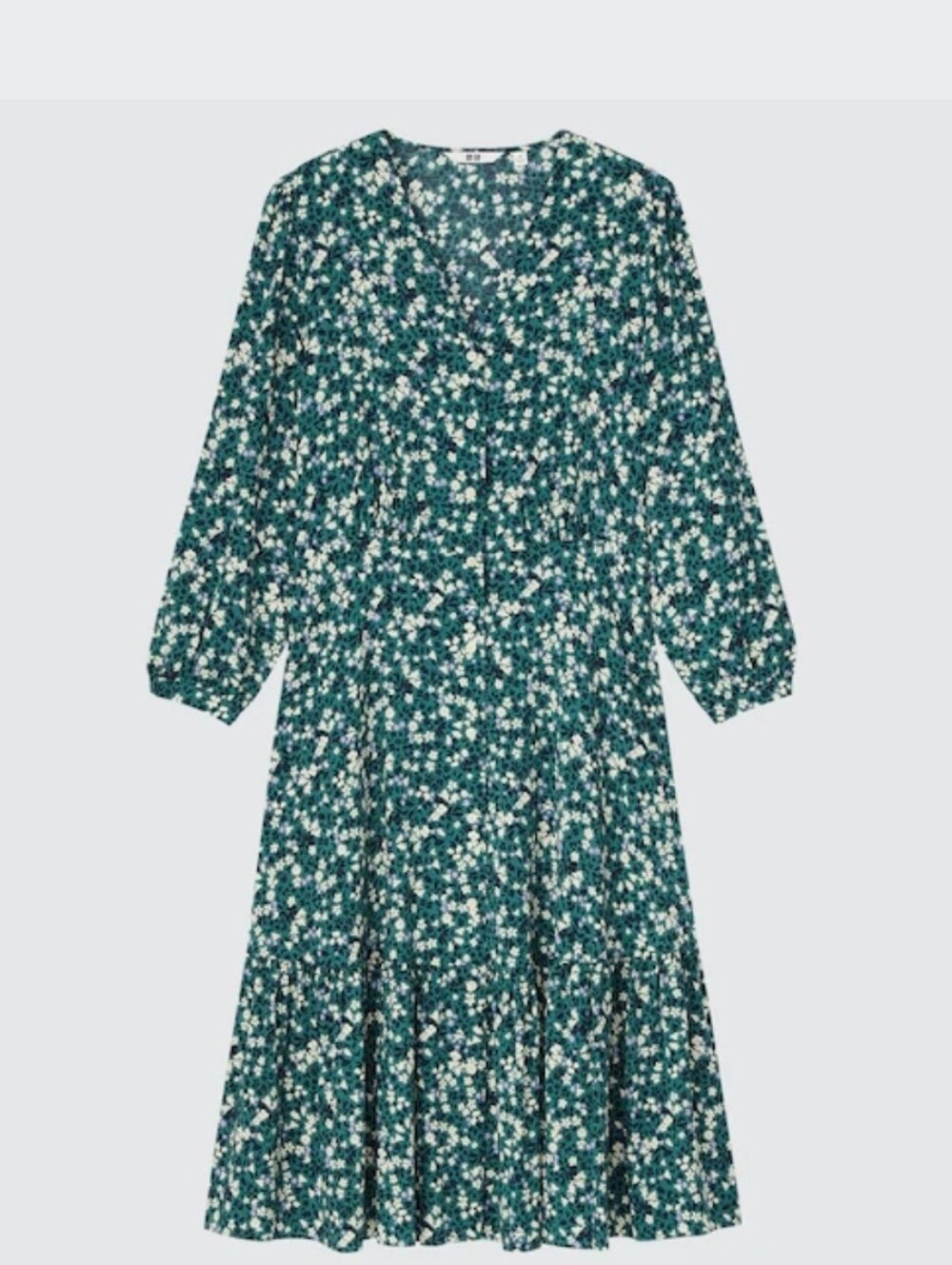 Uniqlo Green-White Floral Printed V-Neck 3/4 Sleeve Tie Flare Dress Women's XL
